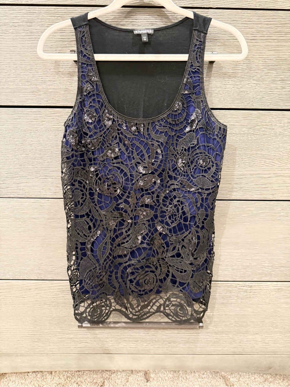 Express Navy Camisole with Black Lace Sequin Overlay
